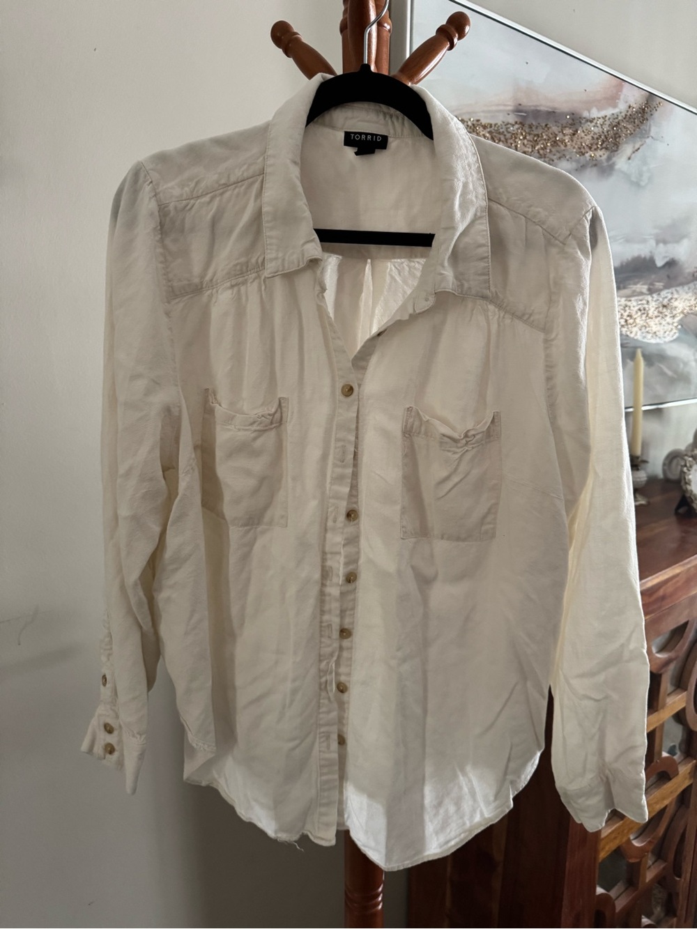 Torrid Linen Blend Long Sleeve Button Down Cream Color Shirt Blouse Size 1